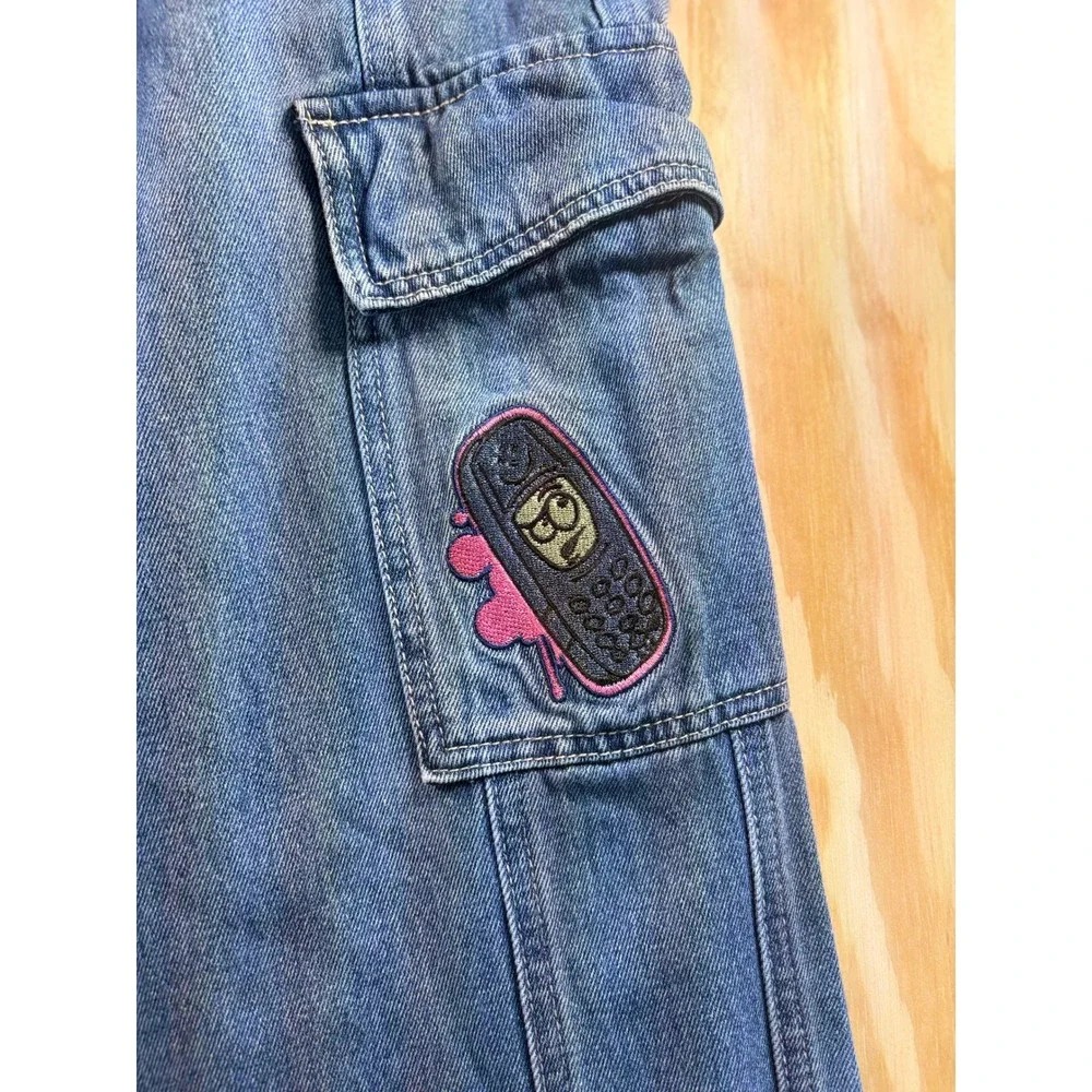 Empyre Womens Y2K Cargo‎ Jeans Medium Wash Blue Wide Leg Embroidered Size 0